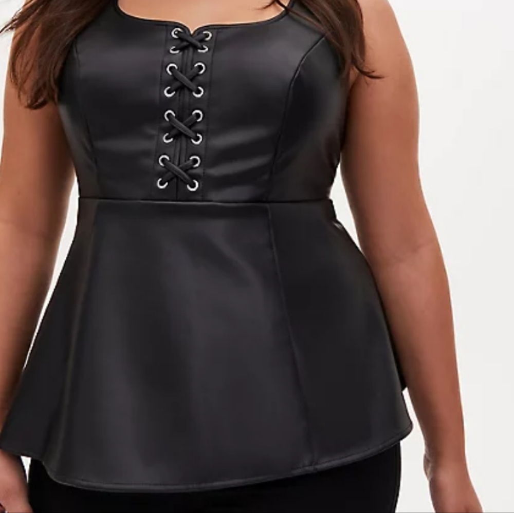 Torrid Black Faux Leather Lace-Up Peplum Top